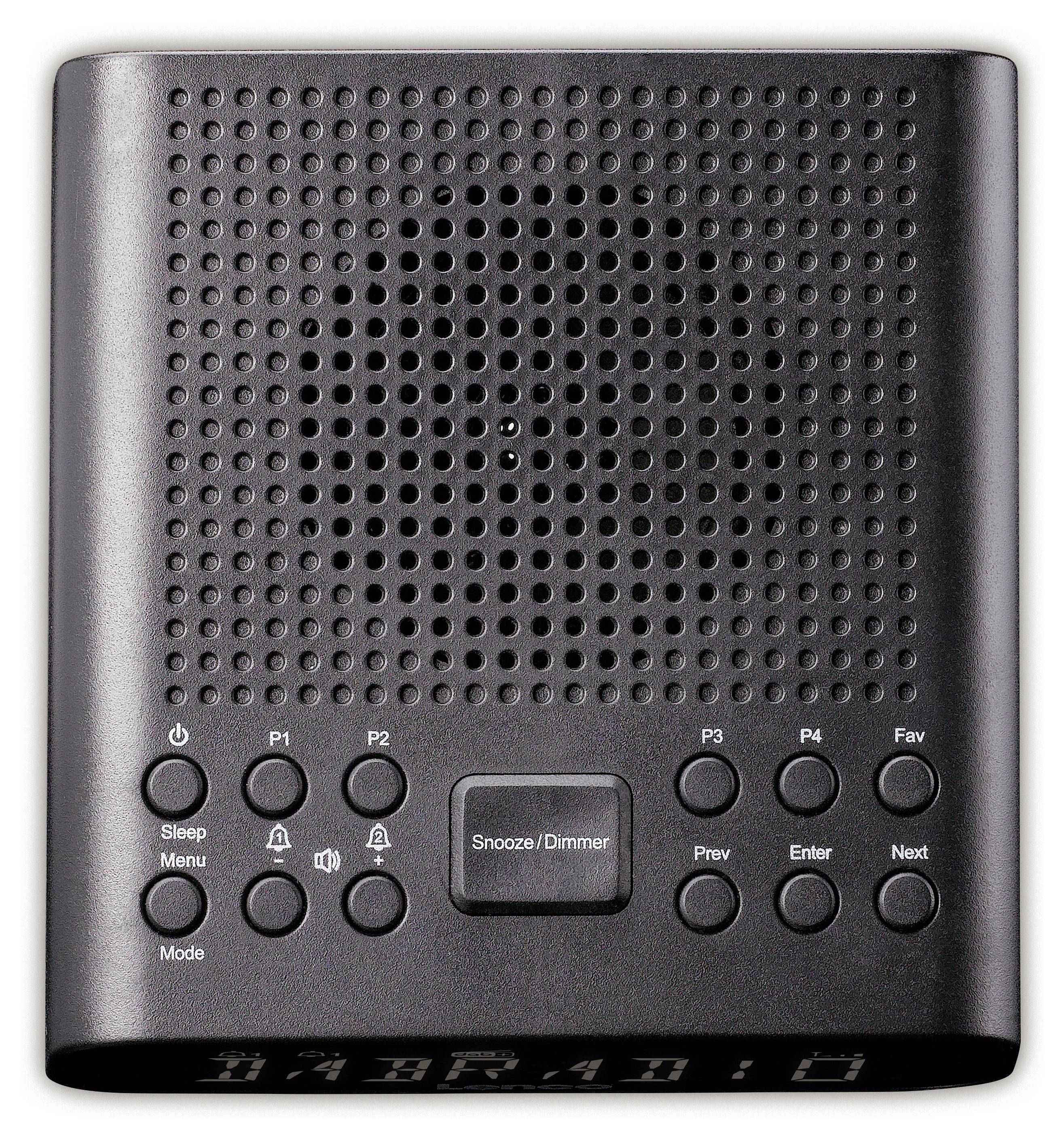 Un réveil radio numérique avec des boutons de commande comprenant 'Répétition/Variateur', une grille de haut-parleur et des boutons de menu. L'affichage est éteint.