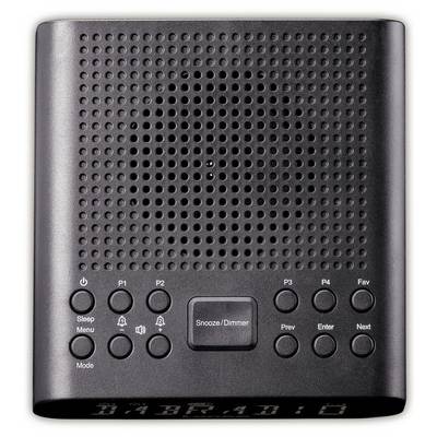 Un réveil radio numérique avec des boutons de commande comprenant 'Répétition/Variateur', une grille de haut-parleur et des boutons de menu. L'affichage est éteint.