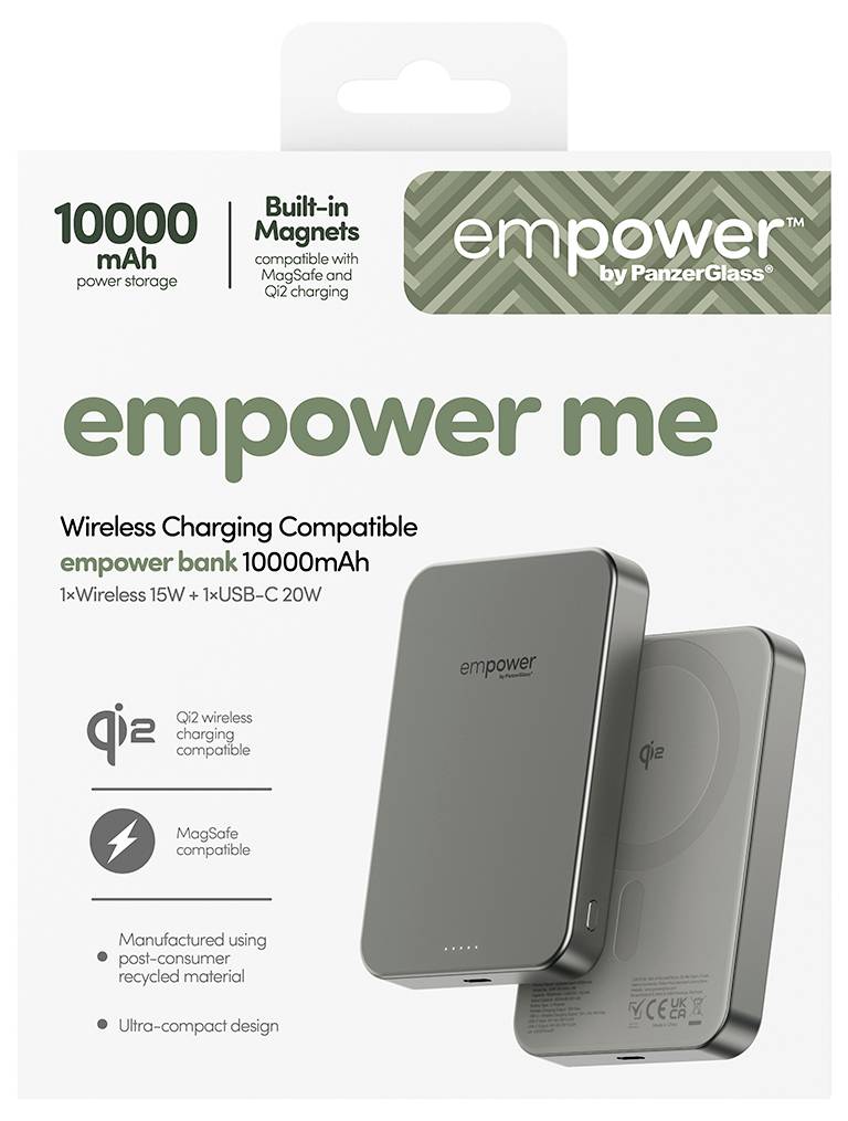 Batterie externe 'Empower' avec charge sans fil, 10000mAh, charge sans fil 15W, USB-C 20W. Compatible avec MagSafe et la charge Qi. Fabriquée à partir de matériaux recyclés.