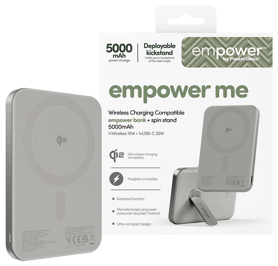 Banque de charge sans fil 'Empower me', 5000 mAh, avec support déployable. Compatible avec plusieurs appareils, dotée de la charge Qi.