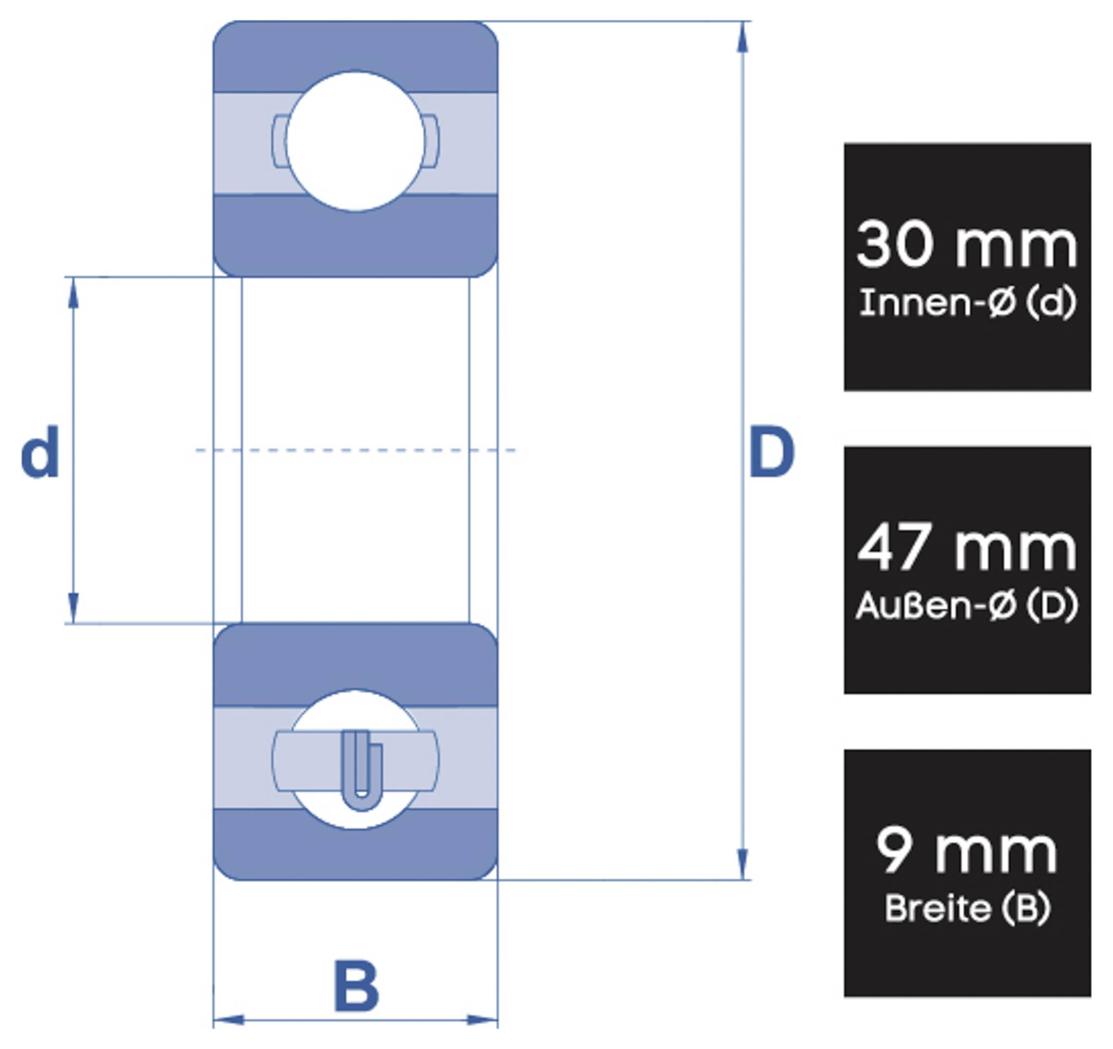 Schéma de roulement à billes avec un diamètre intérieur de 30 mm, un diamètre extérieur de 47 mm et une largeur de 9 mm. Légendes : d = 30 mm, D = 47 mm, B = 9 mm.