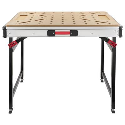Table d'établi pliable portable avec un plateau en bois perforé et des pieds en métal noir sur fond blanc.