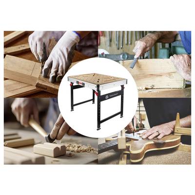 Collage de mains utilisant des outils de menuiserie autour d'un établi portable avec un dessus à motif de trous, montrant le sciage, le cisèlement, le raclage et le façonnage du bois.