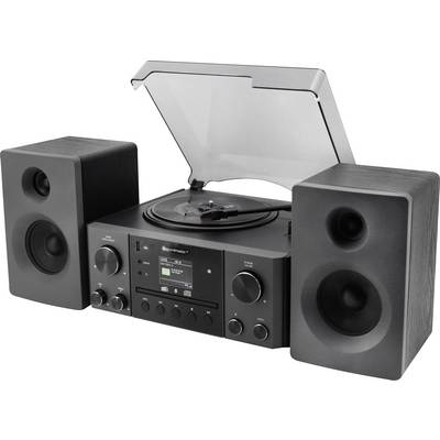 Un système stéréo avec deux enceintes, comportant un tourne-disque vinyle au centre, un couvercle ouvert, et des boutons de contrôle sur le panneau avant.