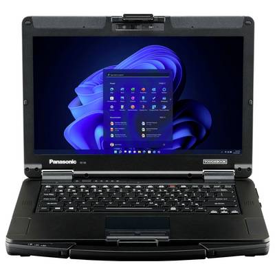 Un ordinateur portable noir avec un écran ouvert affiche le menu de démarrage de Windows 11. Le logo de la marque est visible sous l'écran.