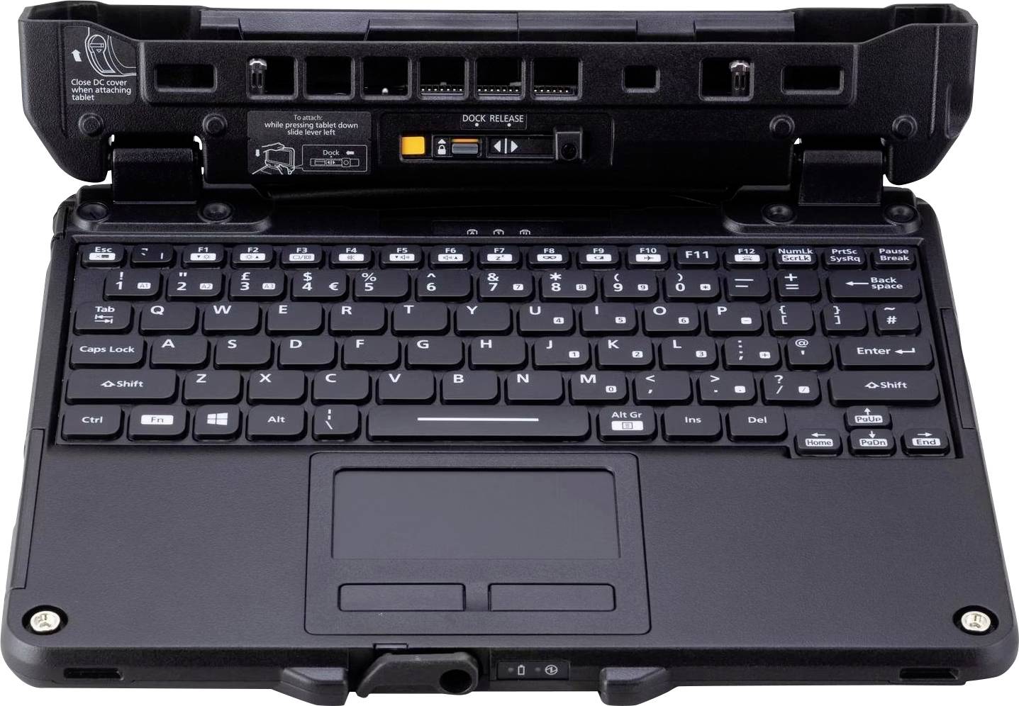 Ordinateur portable robuste avec clavier et pavé tactile ouverts, adapté aux environnements exigeants, doté d'un boîtier renforcé.