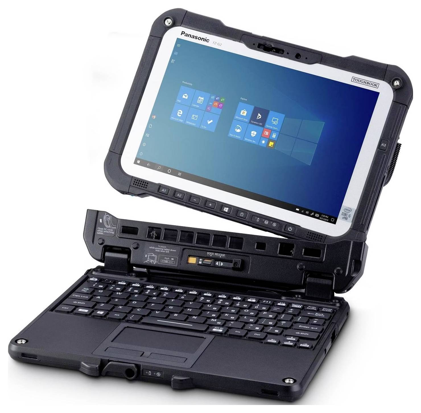 Ordinateur portable robuste noir avec un écran amovible affichant le système d'exploitation Windows. Développé pour une utilisation résistante.