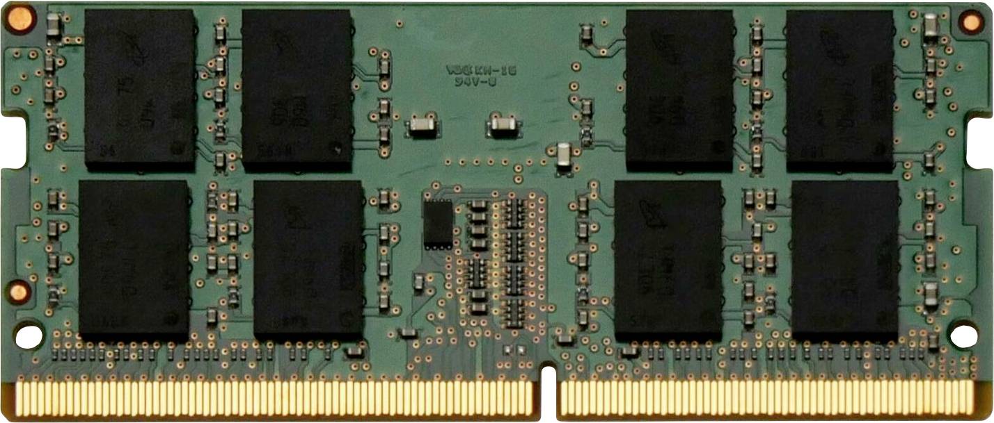 Module RAM avec disposition de puce noire et rangées de connexions dorées sur carte électronique verte.