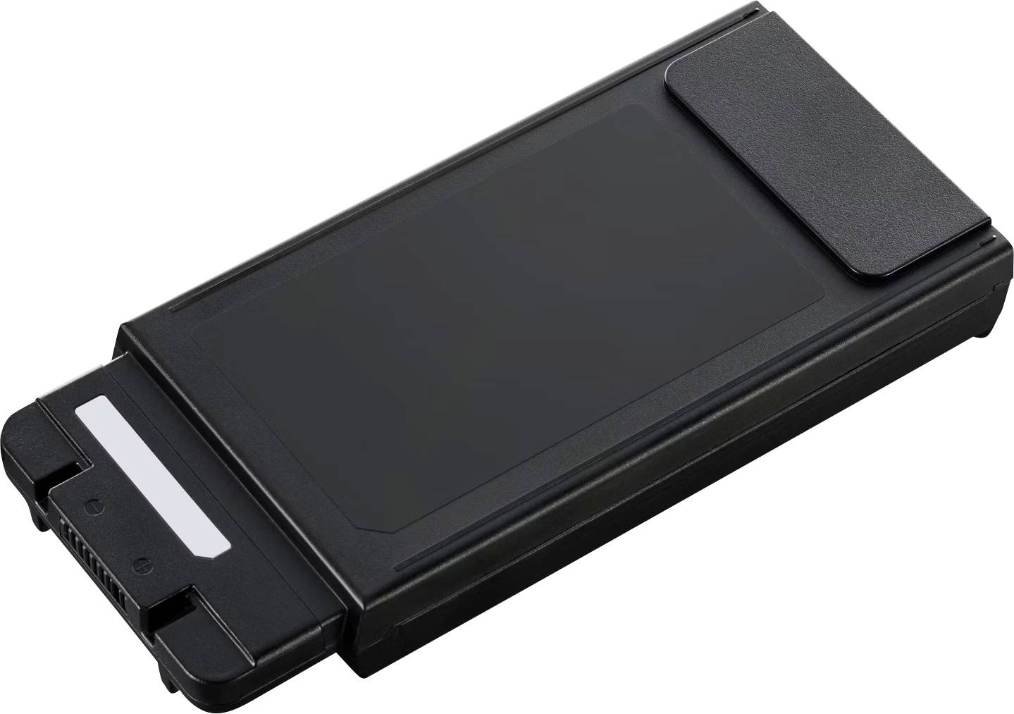 Batterie d'ordinateur portable noire de forme rectangulaire avec un connecteur sur le côté, adaptée aux ordinateurs portables.