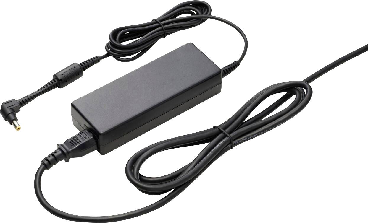 Un adaptateur secteur noir pour ordinateur portable avec deux câbles : l'un avec une fiche secteur et l'autre avec une fiche de connexion rectangulaire.