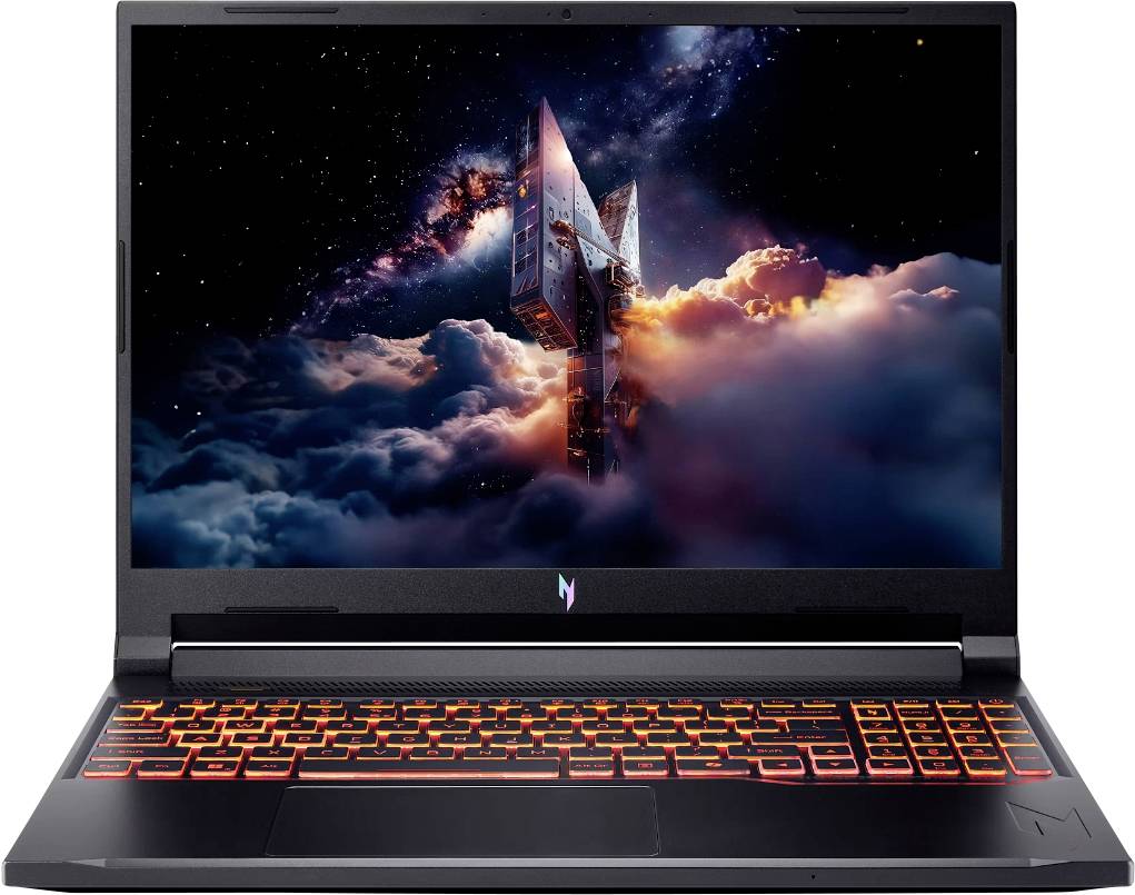 Un ordinateur portable avec un clavier rétroéclairé coloré affiche un économiseur d'écran sur le thème de l'espace, représentant un vaisseau spatial futuriste au milieu de nuages et d'étoiles.