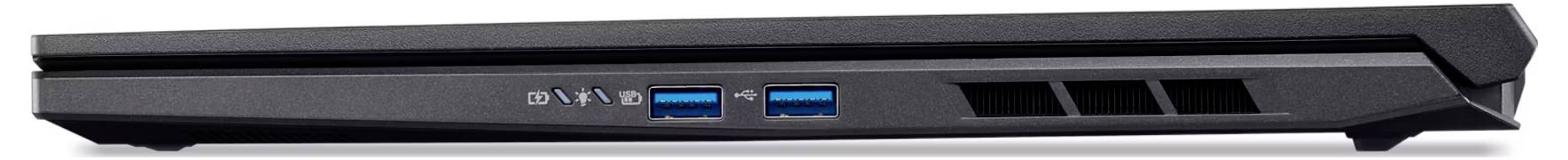 Vue latérale d'un ordinateur portable noir montrant ses ports et ses évents.