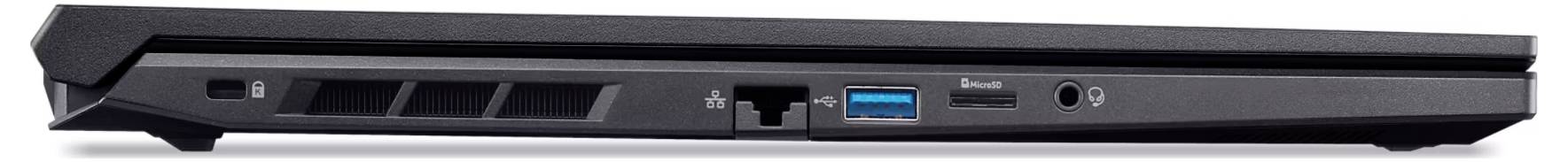 Vue de côté d'un ordinateur portable noir fermé montrant des grilles de ventilation, un port Ethernet, un port USB bleu et une prise jack audio.