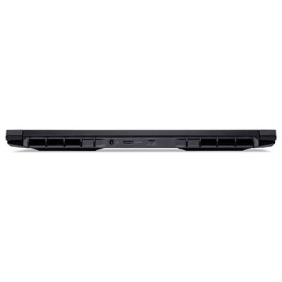 Vue arrière d'un ordinateur portable noir montrant les évents de refroidissement et plusieurs ports, incluant un port USB et une entrée HDMI, utilisés pour la connectivité.