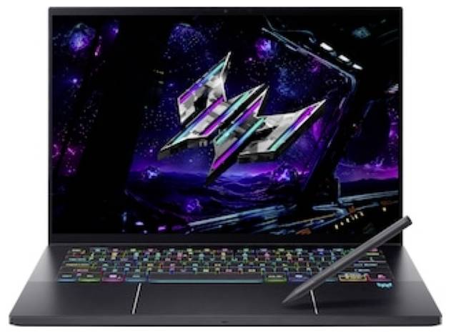 Un ordinateur portable élégant avec un clavier coloré et vibrant et un stylet numérique. L'écran affiche un design futuriste sur le thème de l'espace, aux tons néon.