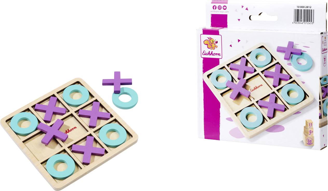 Jeu de morpion avec un plateau en bois et des grands X violets et des O bleu-vert, présenté à côté de son emballage. Un jouet éducatif amusant.