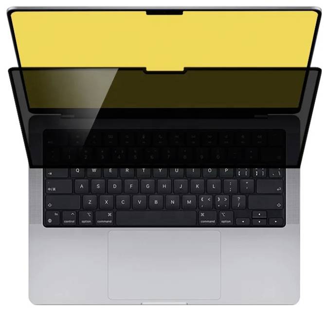 Un ordinateur portable avec un clavier visible, son écran affichant une couleur jaune vif. L'écran semble partiellement replié sur le clavier.