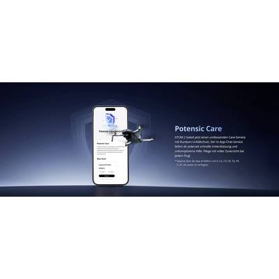 Un smartphone affichant l'application 'Potensic Care' est posé à côté d'un drone. Un texte en allemand sur la droite explique les détails du service pour le Potensic ATOM 2.