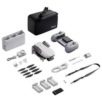 Kit de drone comprenant un drone, une télécommande, trois batteries, des hélices, un chargeur, une bandoulière, un tournevis, des câbles et une mallette de transport.