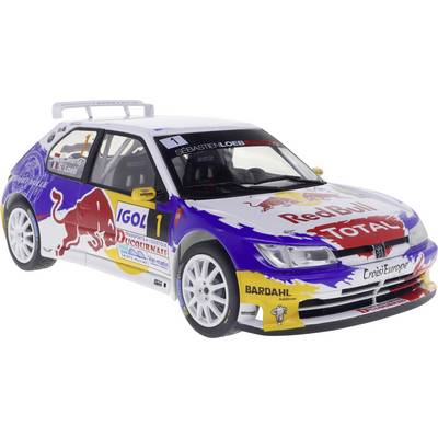 Modèle de voiture de course Red Bull Total avec logos de sponsors et numéro 1. Conçu avec un schéma de couleurs bleu, blanc et rouge.
