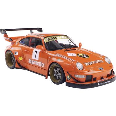 Voiture de course rouge portant le numéro '7' et la marque 'Jagermeister' sur le côté, avec un aileron arrière imposant et des jantes dorées.