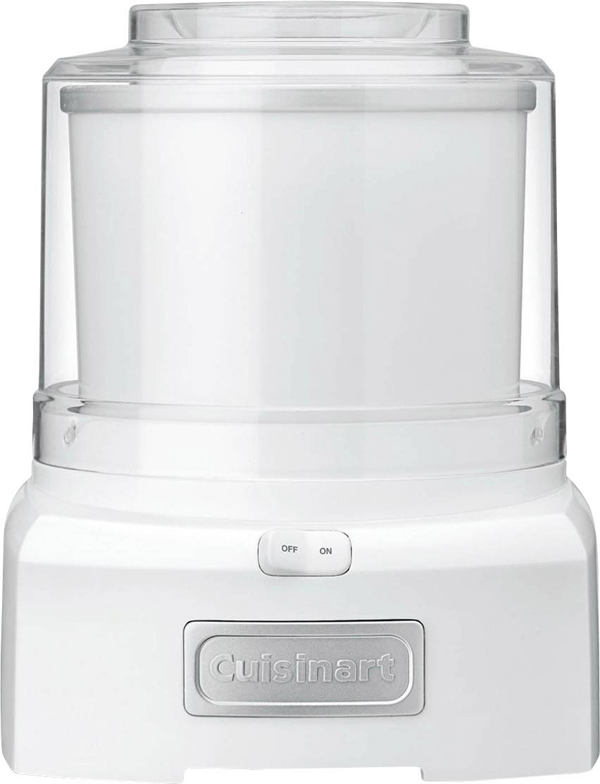 Une machine à glace Cuisinart blanche avec un interrupteur 'arrêt' et 'marche' sur l'avant. L'appareil dispose d'un couvercle transparent en plastique et d'une conception cylindrique.