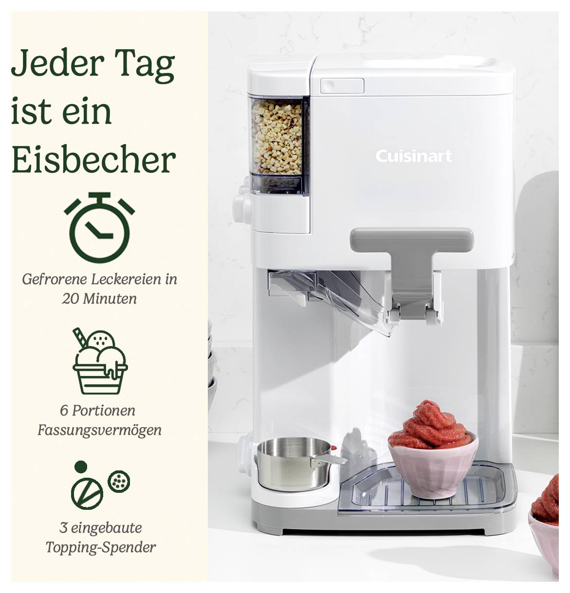 Machine à crème glacée 'Cuisinart' avec distributeur de garnitures distribuant du sorbet rouge dans un bol. Texte mettant en évidence les caractéristiques en allemand.