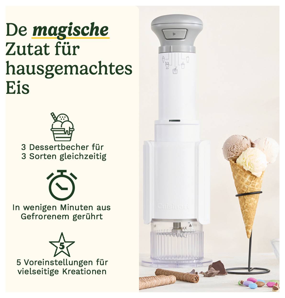 Machine à glace avec trois gobelets à dessert et glace en gaufrette. Texte : 3 parfums simultanés, remués en minutes, 5 préréglages.