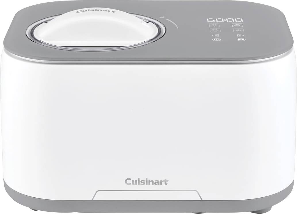 'Machine à glace Cuisinart blanche avec des accents gris et un panneau de commande numérique sur le dessus, conçue pour la préparation de glaces maison.'