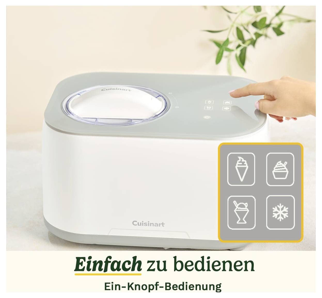 Une main actionne une machine à glace avec un système à un bouton, accompagné d'icônes pour différents modes : glace, sorbet, yaourt glacé.