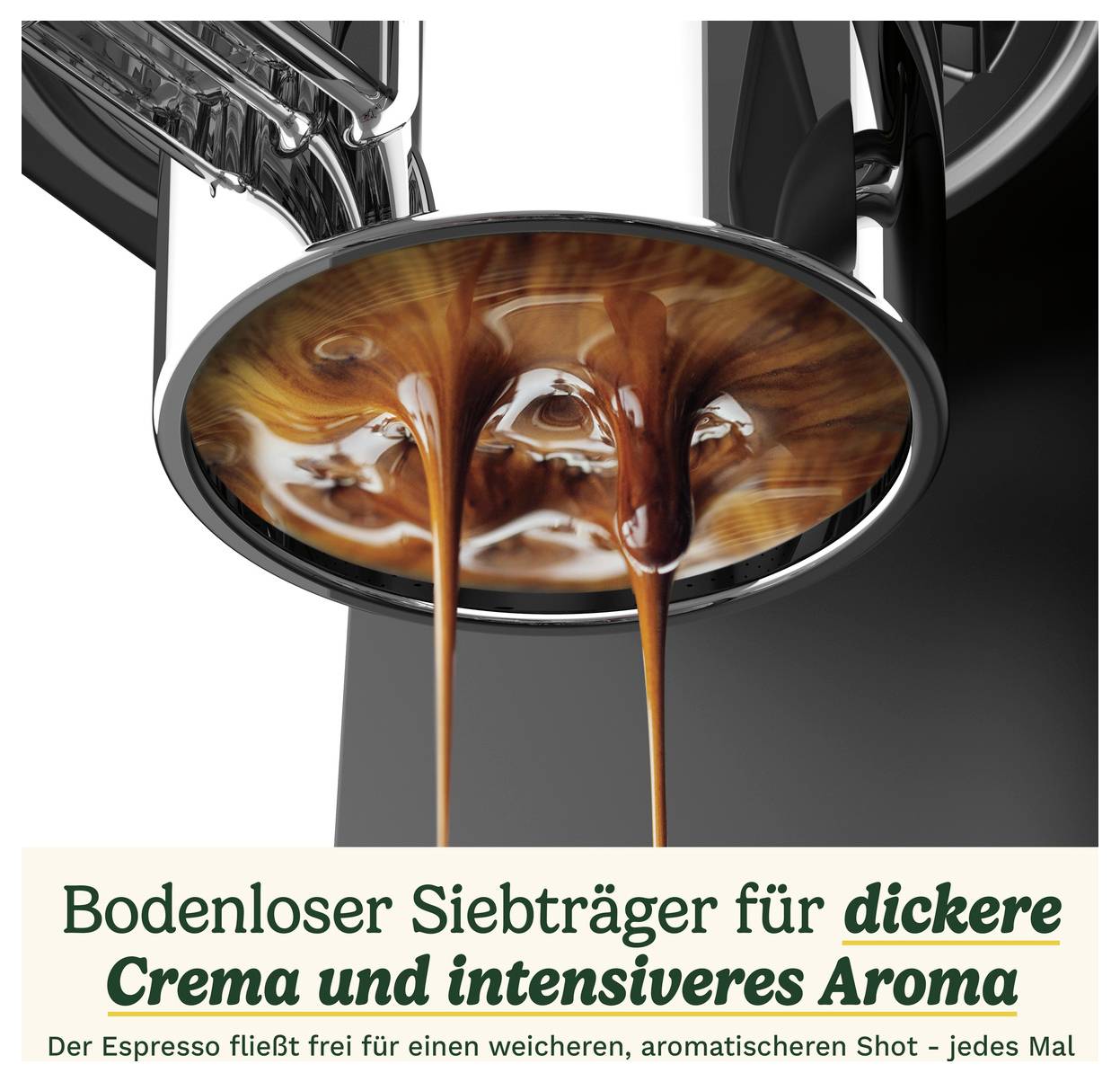 Porte-filtre sans fond, l'espresso s'écoule. Texte en dessous : 'Porte-filtre sans fond pour une crema plus épaisse et un arôme plus intense'.
