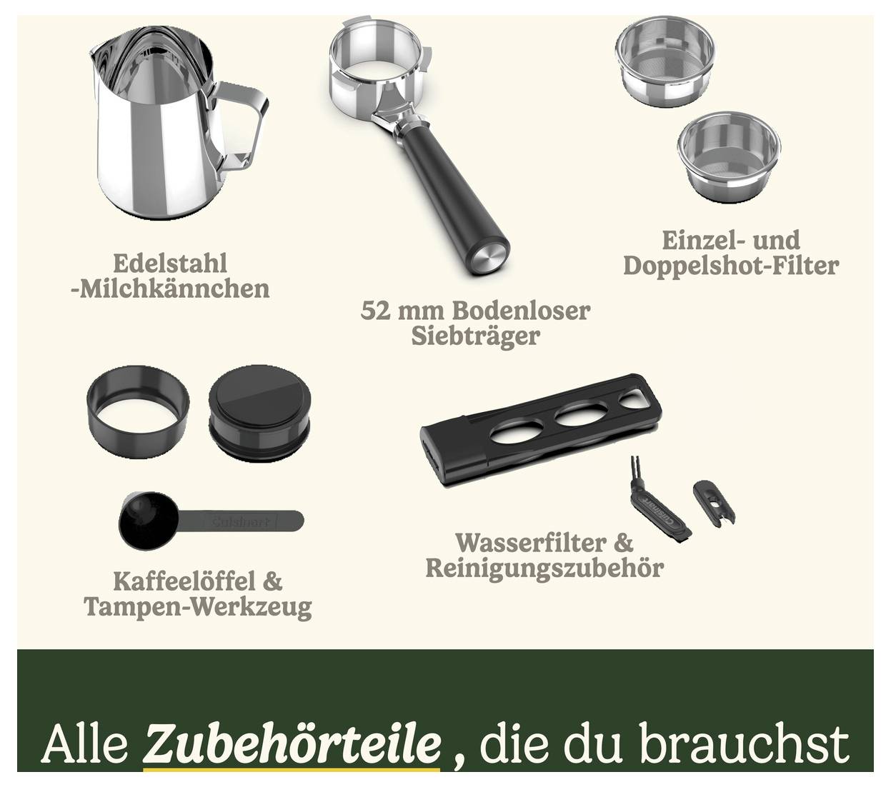 'Tous les accessoires dont tu as besoin' : Petit pot à lait en acier inoxydable, porte-filtre sans fond de 52 mm, filtre, cuillère à café et outils, filtre à eau et accessoires de nettoyage.
