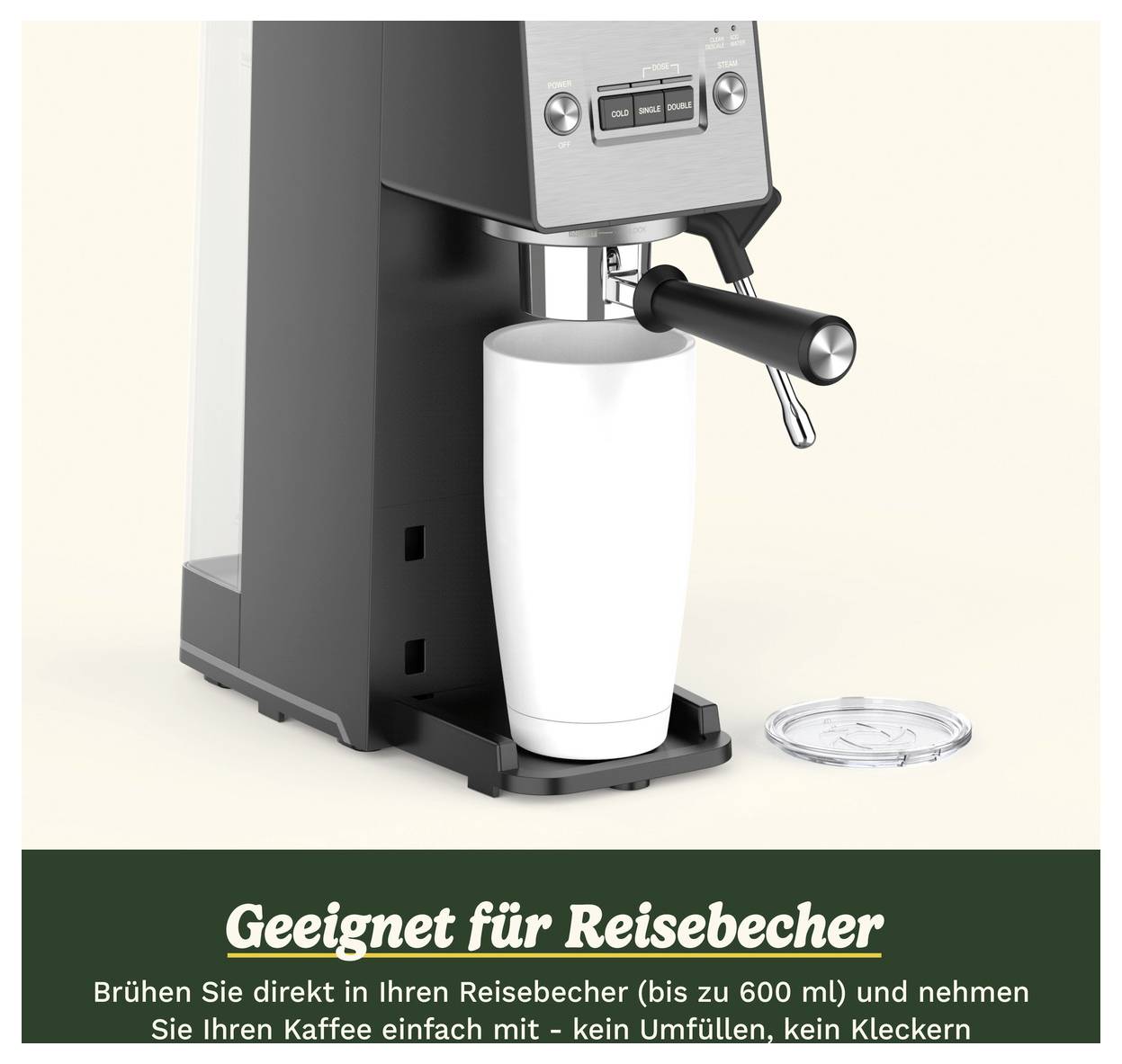 Machine à café avec un mug de voyage amovible en dessous. Texte : 'Adapté aux mugs de voyage' et informations sur l'utilisation sans renverser.