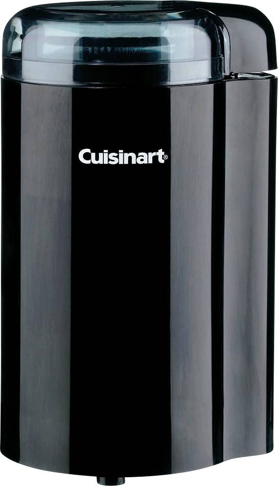 'Moulin à café Cuisinart noir au design élégant et vertical, avec un couvercle amovible.'