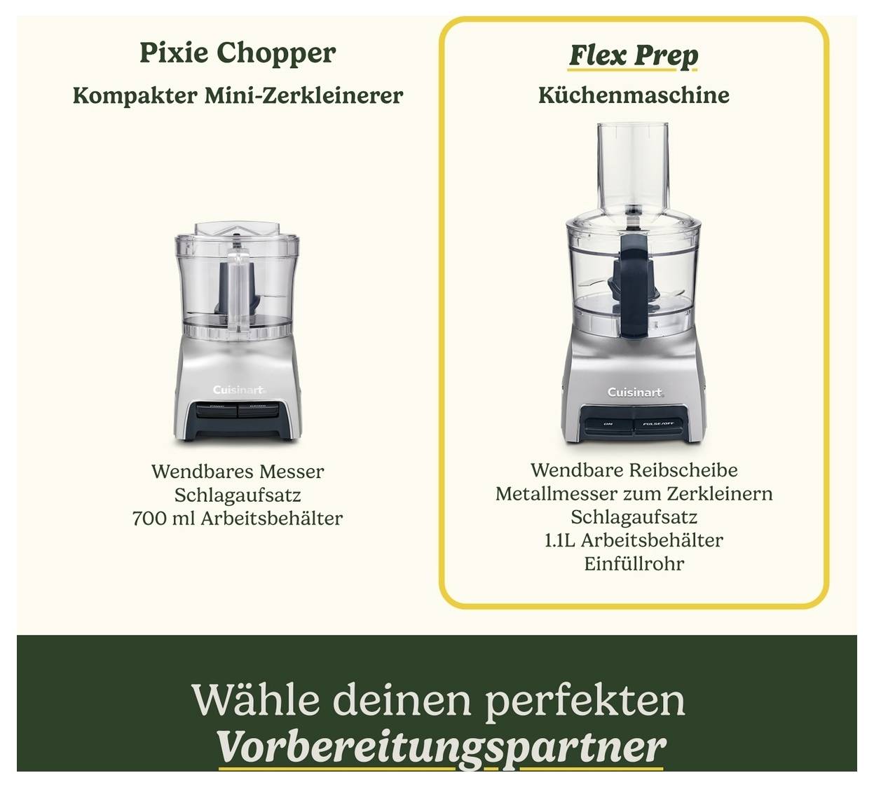 Appareils de cuisine 'Pixie Chopper' et 'Flex Prep'. 'Pixie Chopper' : Mini-hachoir, 'Flex Prep' : Robot de cuisine avec disque râpeur.