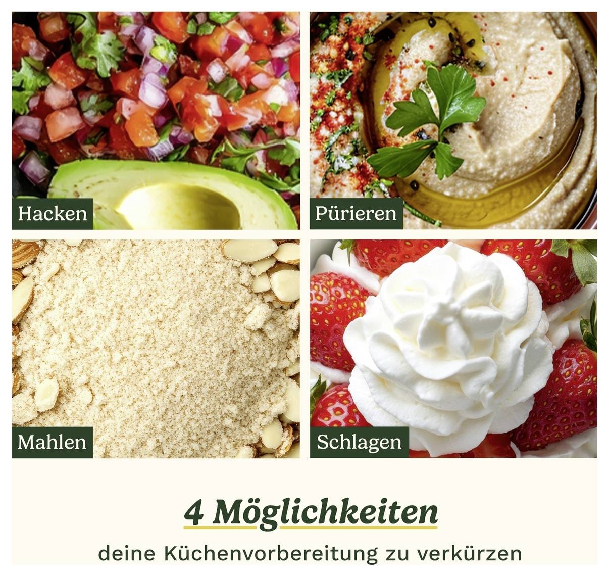 Quatre images avec texte : Hacher - légumes coupés, Mixer - houmous aux herbes, Moudre - noix moulues, Fouetter - crème avec des fraises.