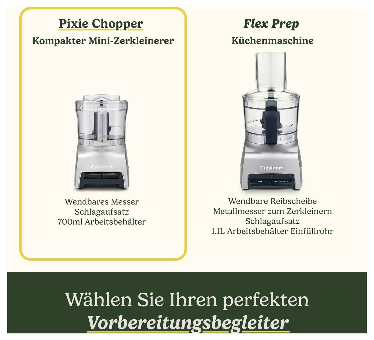 'Pixie Chopper' et 'Flex Prep', robots de cuisine aux différentes fonctionnalités. Slogan : 'Choisissez votre compagnon de préparation parfait'.