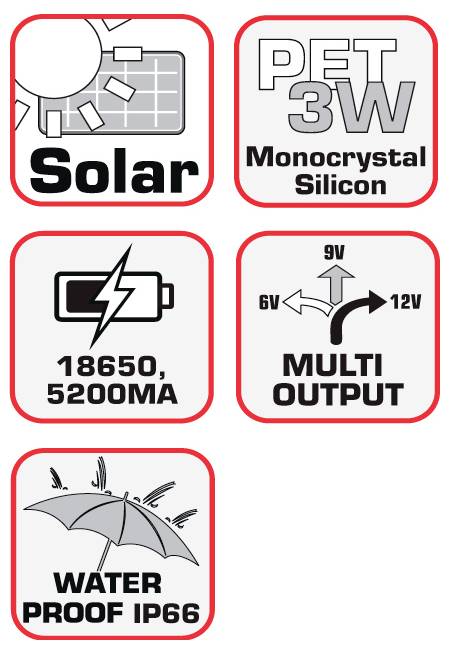 'Panneau solaire avec silicium monocristallin PET 3W, batterie 18650, 5200mAh, multi-sorties : 6V, 9V, 12V, étanche IP66.'