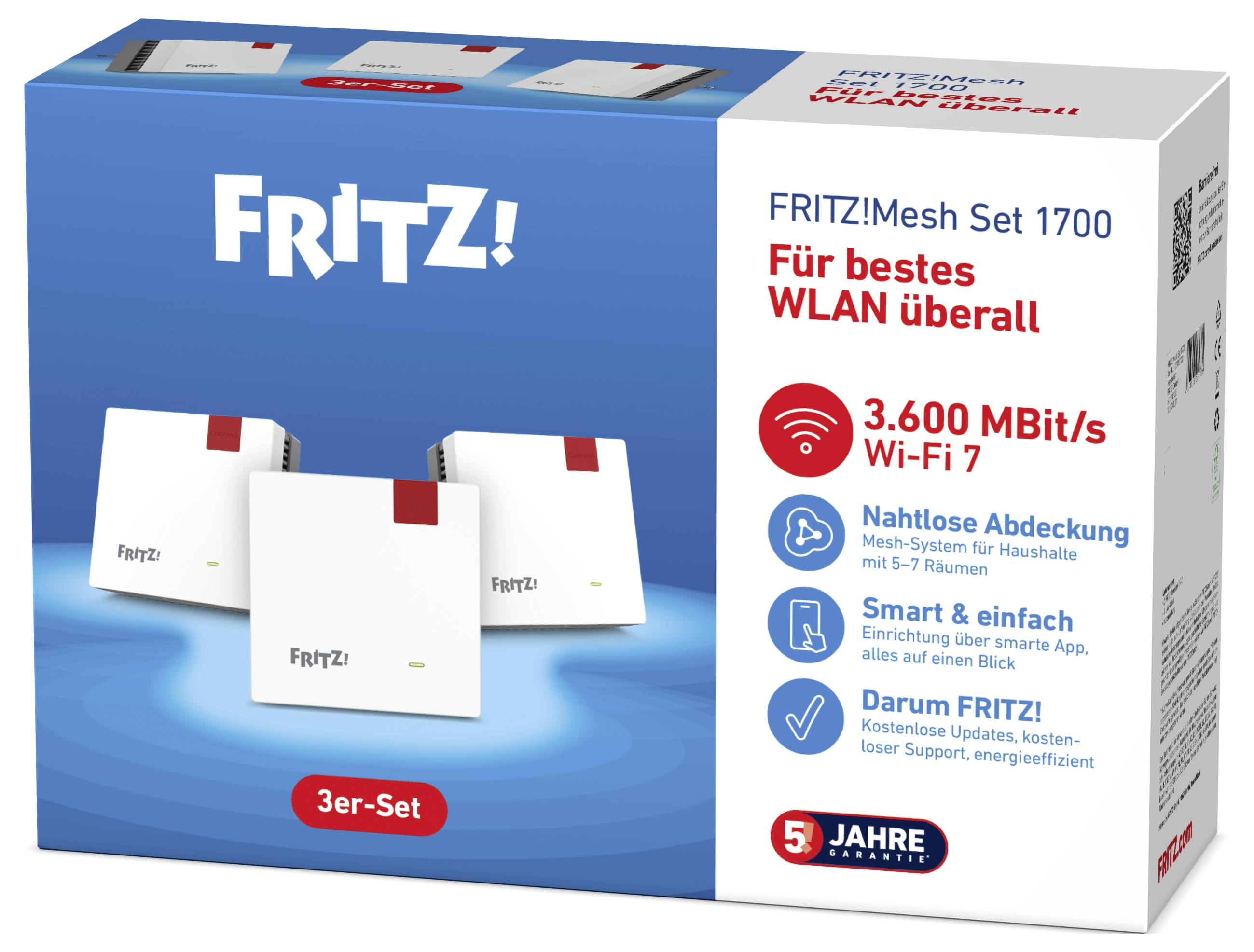 FRITZ! Mesh Set 1700 boîte présentant trois appareils Wi-Fi. Texte mettant en avant les caractéristiques : '3 600 Mbit/s', 'Couverture sans couture', 'Smart & simple', '5 ans de garantie'.