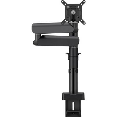 Un bras de support réglable noir pour moniteur avec base à pince, conçu pour fixer et positionner un écran, vu de côté.