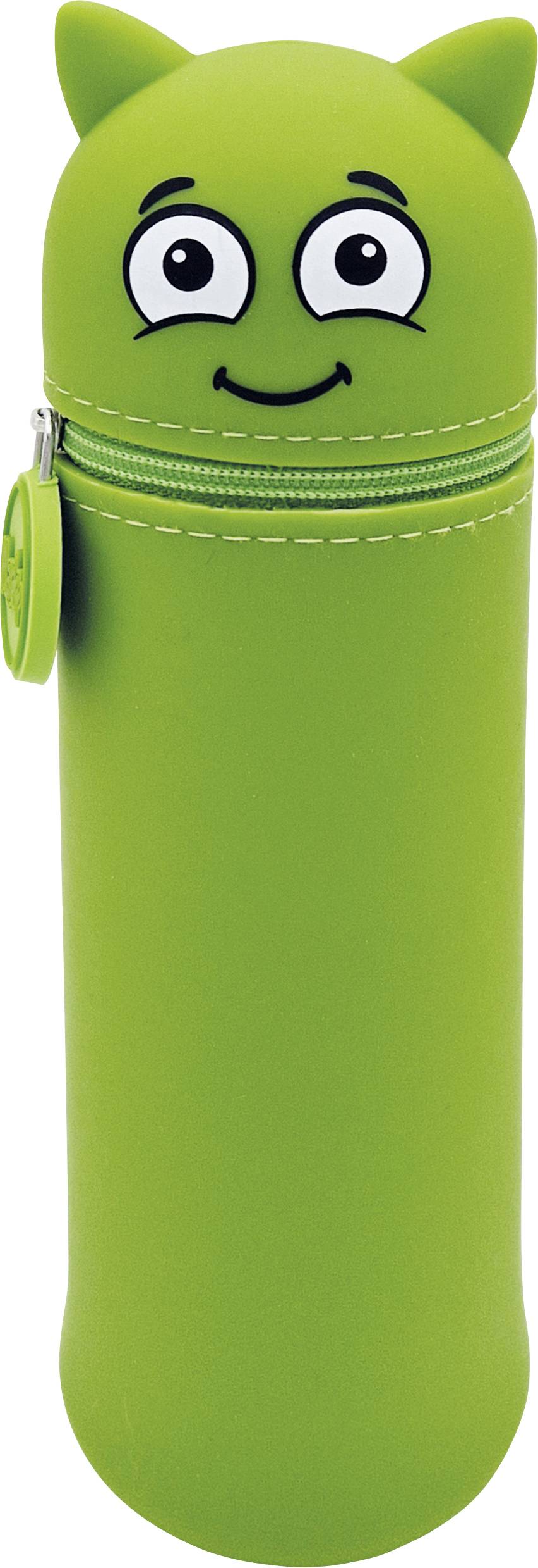 Un étui à crayons cylindrique vert avec un visage de dessin animé et de petites oreilles, équipé d'une fermeture éclair tout autour du couvercle.
