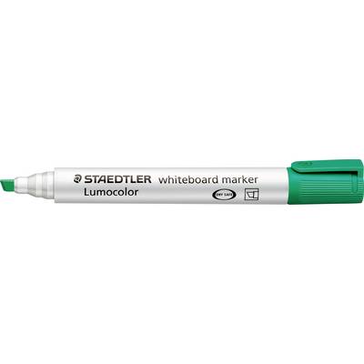 Marqueur pour tableau blanc Staedtler Lumocolor à capuchon vert, posé horizontalement, avec le nom de la marque et le type de texte sur le corps du marqueur.