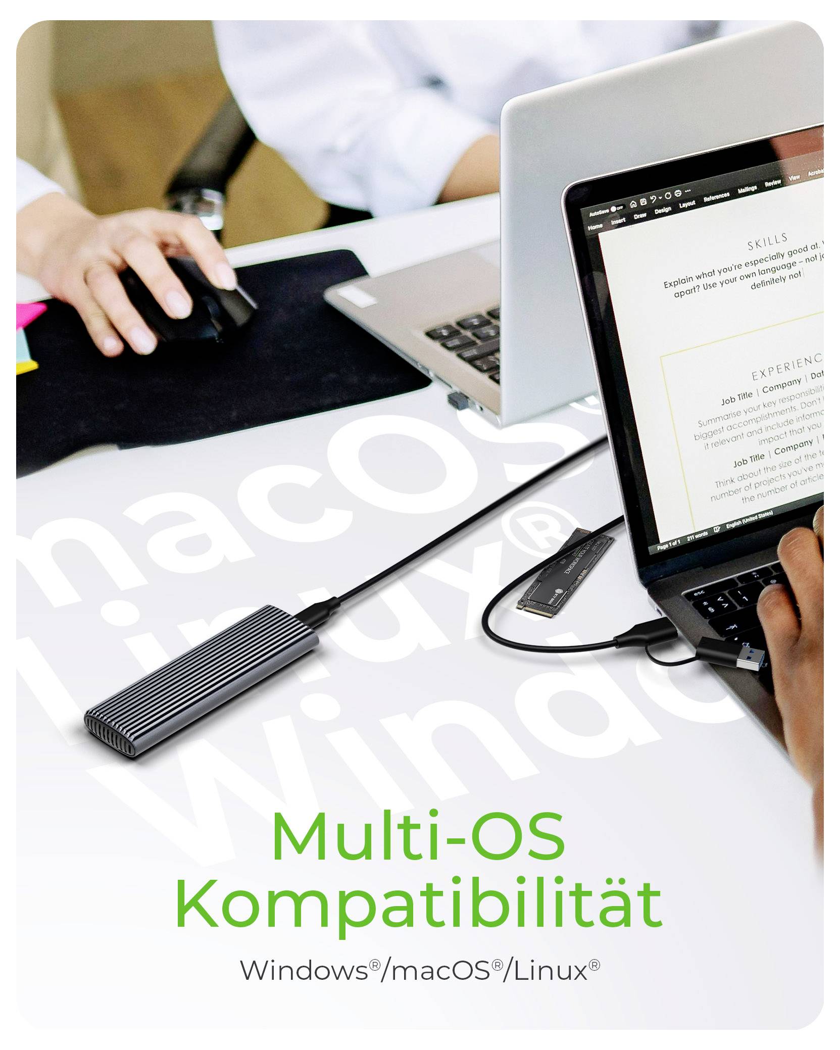 Une personne connecte un disque dur externe à un ordinateur portable. Les graphiques mettent en évidence la « Compatibilité multi-OS » avec une compatibilité entre Windows, macOS et Linux.