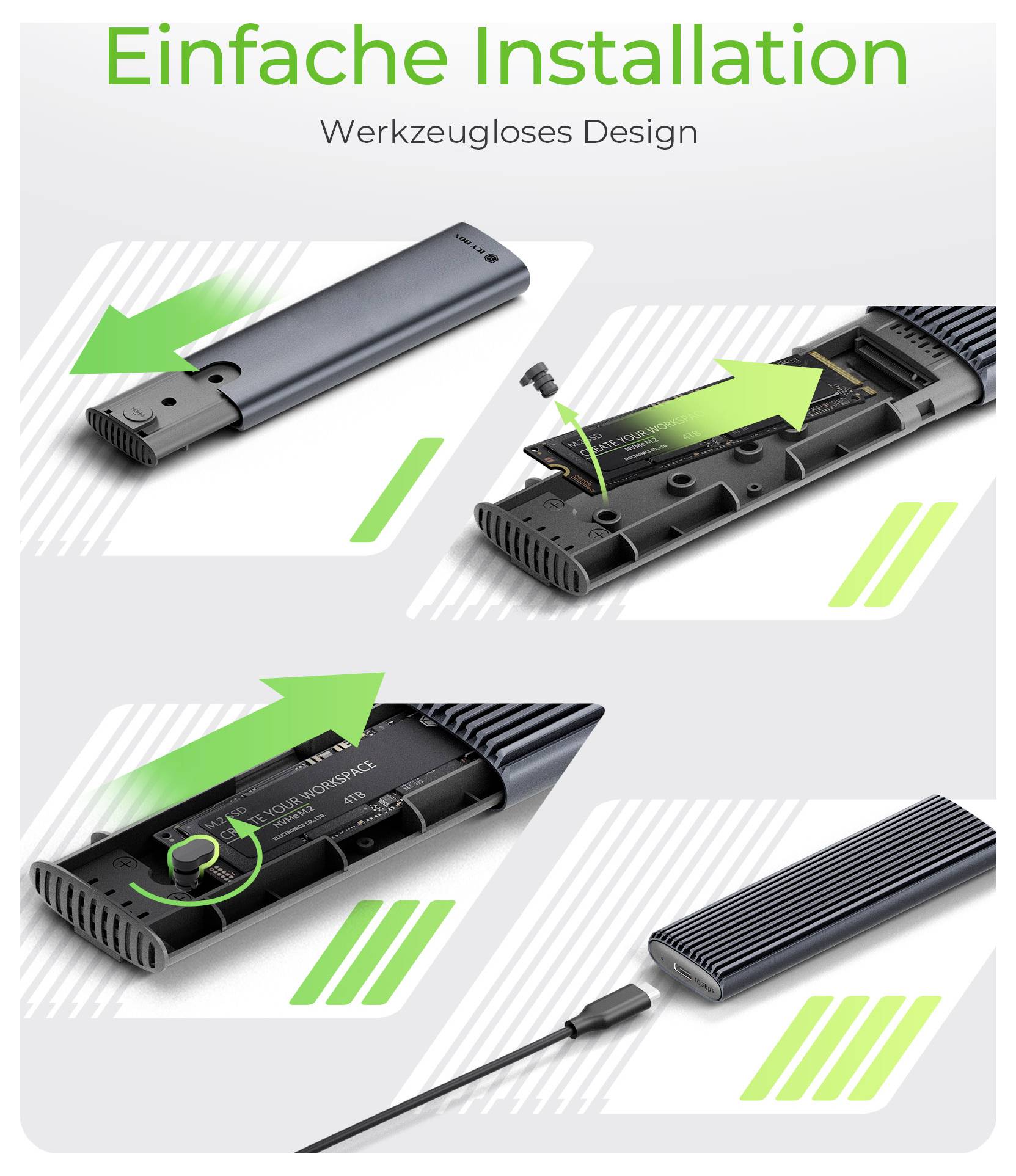 'Installation simple, design sans outil'. L'image illustre le processus d'installation d'un appareil, montrant les étapes d'insertion et de fixation sans utilisation d'outils.