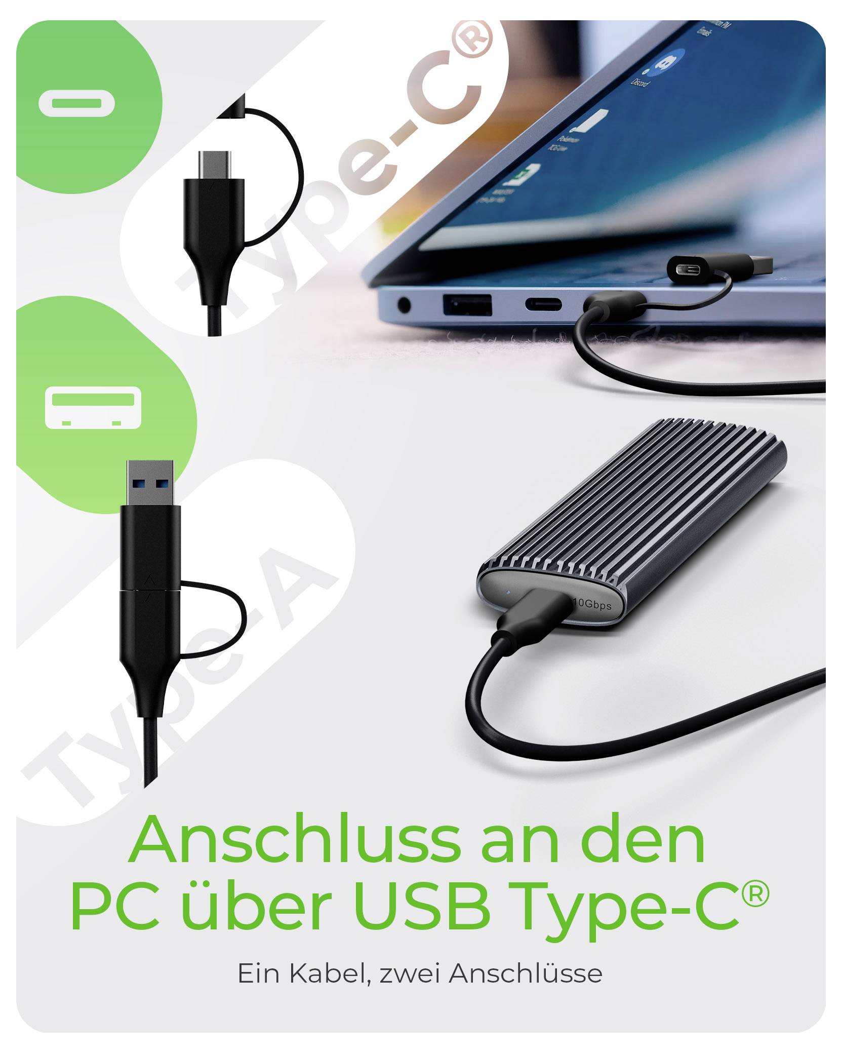 Connexion au PC via USB Type-C. Un câble, deux connecteurs.