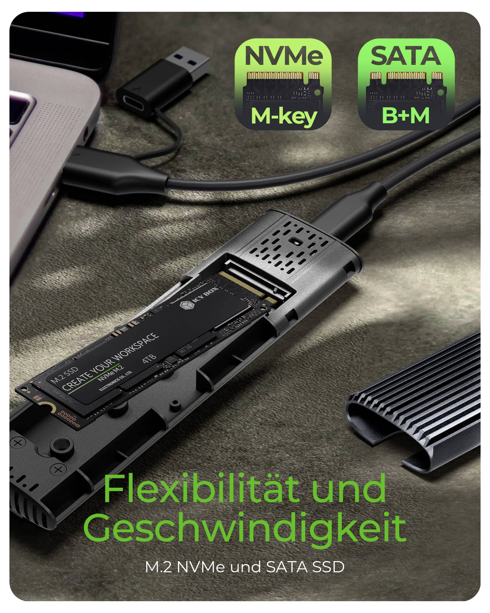 Un boîtier SSD externe prenant en charge les lecteurs M.2 NVMe et SATA est connecté via USB. Le texte en allemand mentionne 'Flexibilité et vitesse'.