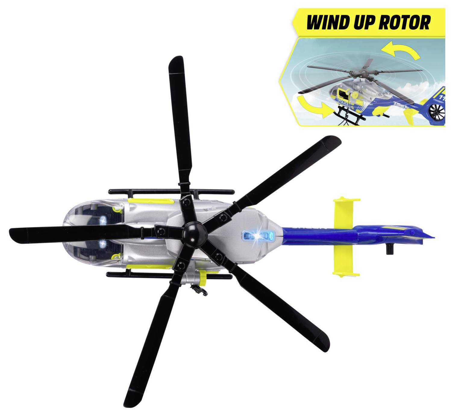 Un hélicoptère jouet avec cinq pales de rotor noires. L'encart montre la fonction « Rotor à remonter » avec une image de l'hélicoptère de profil et des flèches indiquant le mouvement.