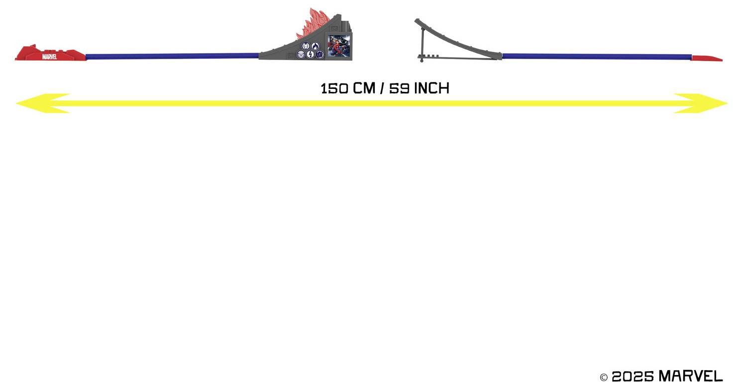 L'image montre un long manche de 150 cm (59 pouces) avec un centre gris comportant des commandes et des extrémités rouges en forme d'aileron. Copyright Marvel 2025.