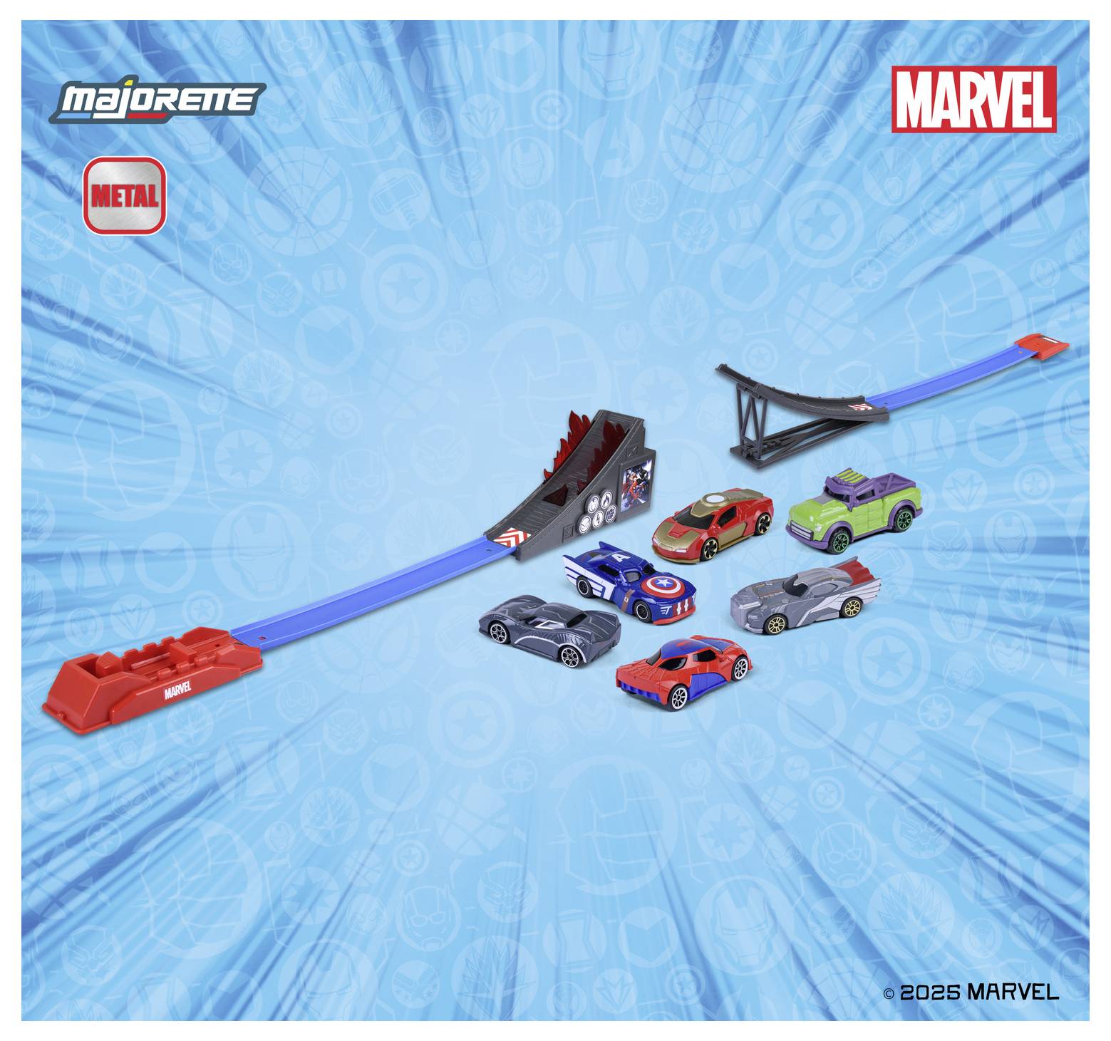 Ensemble de voitures miniatures avec des voitures sur le thème de Marvel et une rampe sur un fond bleu de style bande dessinée. Comprend des voitures avec des designs de super-héros reconnaissables.