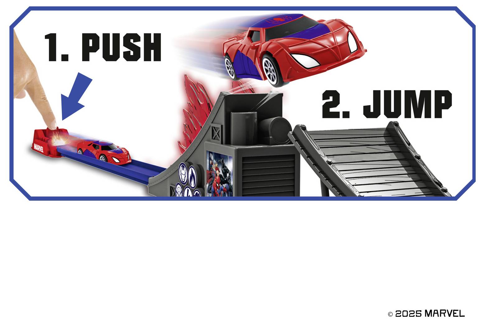 « 1. Pousser 2. Sauter » est affiché alors qu'une voiture de course rouge est lancée sur une piste, réalisant un saut. L'image illustre une action de course de jouet.